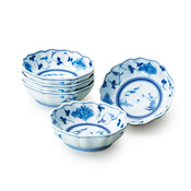 Kosho Kiln, Blue & White Plant Pattern Mokko-Shape Small Bowl Set