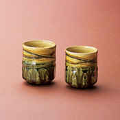 Toubou Jun Oribe Carved Design Tea Cup Set