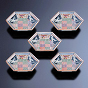 染錦地紋山水 六角和盤子組 5個組