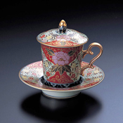 Red Kenjo Peony Pattern Cup & Saucer w/Lid, 1