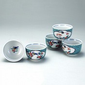 Teacup Set, Green Glaze Arabesque Pattern w/Bird & Flowers