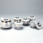 Teapot & Lidded Cup Set, White Turtle Shell Pattern