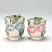 Pair Teacup Set,  Handdrawn Camellias 