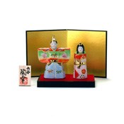 No. 3.5 Standing Hina Doll, Red & Yellow (Stand, Mat, Folding Screen, Wooden Tag) 