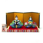 No. 3 Hina Doll, Blue Kutani (Stand, Mat, Folding Screen, Wooden Tag) Kazuyoshi Work
