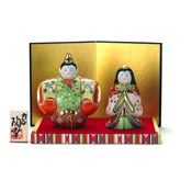 No. 4.5 Standing Hina Doll, Red & Yellow (Stand, Mat, Folding Screen, Wooden Tag) 