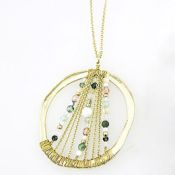 Beaded Round-Cut Pendant Necklace w/Matching Earrings (Green)