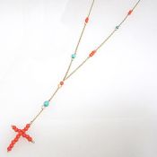 串珠装饰十字项链 (红色系)