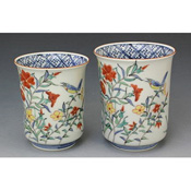 Colored Flower & Bird Tea Cup Pair