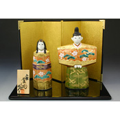 Standing Hina Doll Ornament w/Folding screen & Lacquered Stand