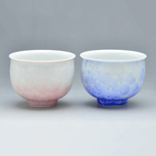 Flower Crystal Pair of Teacup  (White Base, Blue & Red)