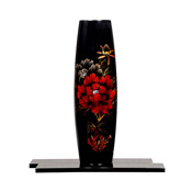 Shimane Prefecture, Yakumonuri Lacquerware, Rounded Cylinder Vase w/Wooden Stand (Peony) 